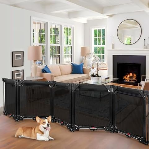 100" Extra Wide Freestanding Dog Gates with Strong Suction Cup No Drilling 24" Tall Step Over Pet Gates for Doorway 5 Panel Foldable Mesh Baby Gate for Dogs Indoor Dog Playpen Puppy Barrier (Black) Cover