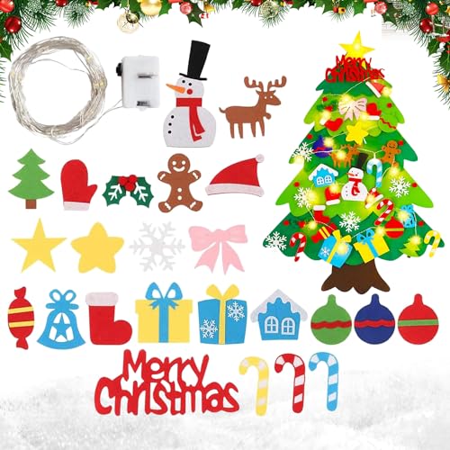 Feltro Albero Natale, 95 CM Albero di Natale in Feltro per Bambini Con luce a led, Felt Christmas Tree con 32 Pezzi Staccabili Ornamenti di Natale, Decorazioni Natalizie Da Parete Per Porte