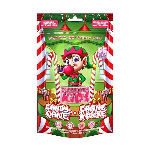 Bubblegum Kids Elf Candy Cane Sugar Free Gum | Sugarless Gum with Xylitol | Vegan, Low Calorie Candy Alternative for Kids & Adults | Christmas Theme | Resealable Bag, 55 Pieces Per Pack, 1 Pack