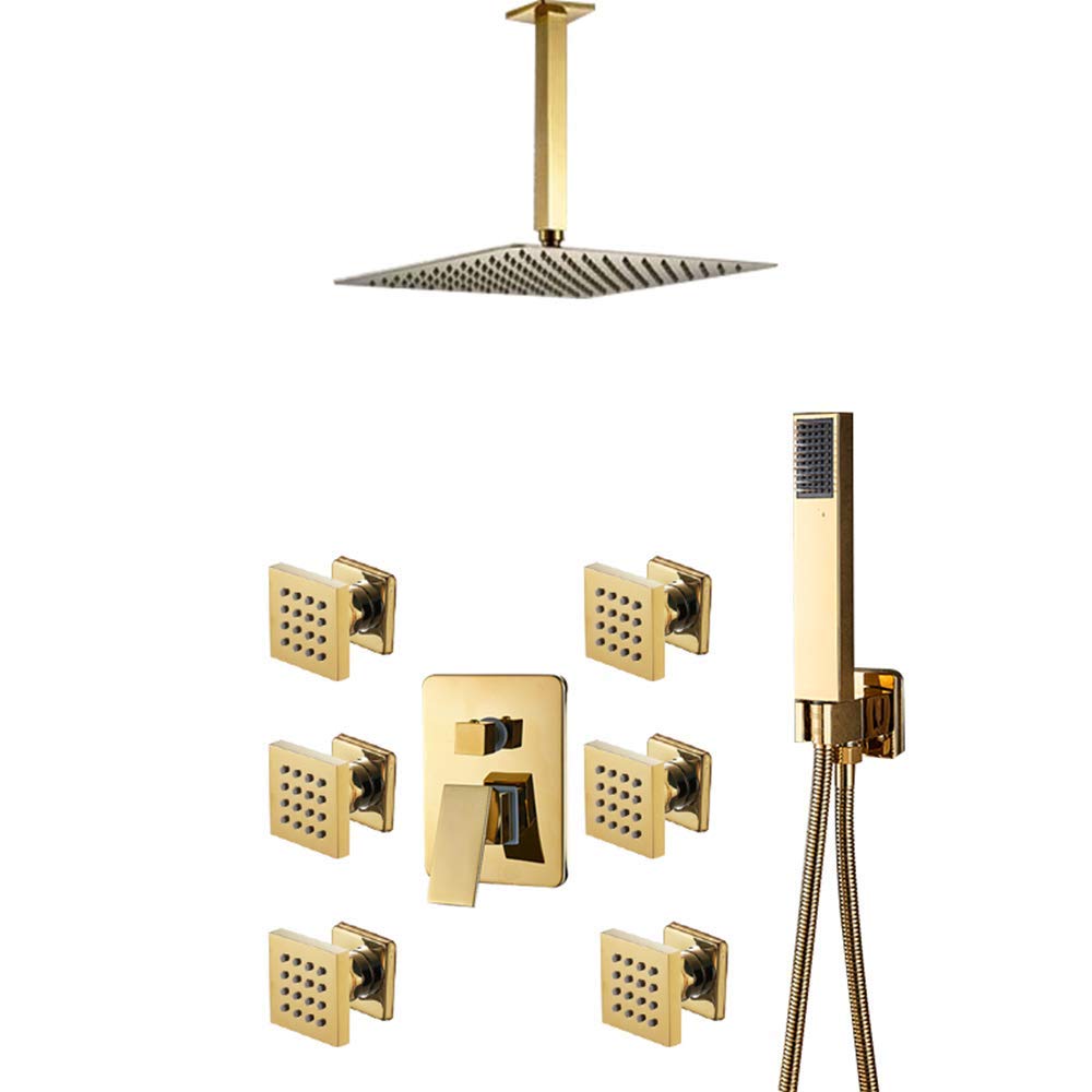 QUSYZD Rain Gold Rain Mixer Shower Combo Set Ceiling Mounted Bathroom Shower Faucet Set with Shower Head, Handheld Shower,8 Inches,10 Inches,8 Inches
