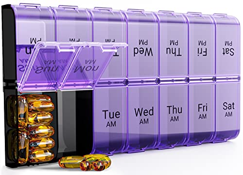 Image of Weekly AM PM Extra Large Pill Organizer, 7 Day Pill Case 2 Times a Day, XL Day Night Pill Case Twice a Day, Oversized Daily Medicine Organizer for Vitamin, Pill Container (Purple) | Easy-Open,High-Capacity,Easy-Open,Senior-Friendly,AM /PM,Weekly-Tracking,BPA-Free,Long-Lasting