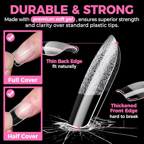 Image of UNA GELLA Short Square & Squoval Nail Tips 216pcs Pre-Etched Short Square Round Oval Press on Nails Squoval Clear Acrylic Fake Full Cover Gel Nails Tips for Nail Extensions Home DIY Salon 12 Sizes