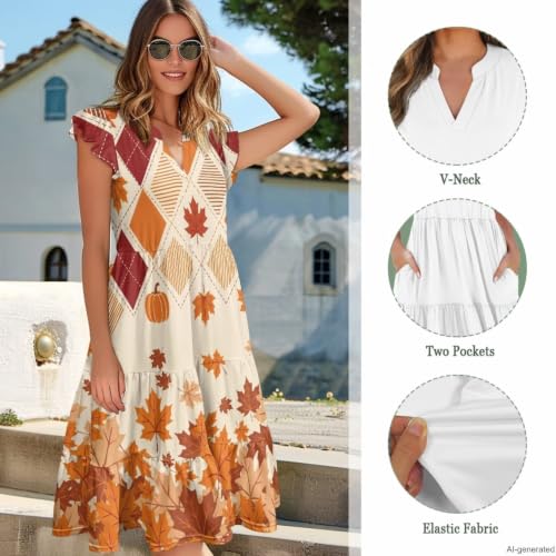 Image of Women's Casual Ruffle Sleeve Dress V Neck Pullover Dress Flowy A-Line Pleated Lightweight Dress with Pockets