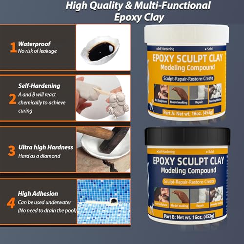 Epoxy Sculpt Clay, 2 Pound White Epoxy Sculpt Pool Putty for Leaks Underwater Self-Hardening Modeling Compound AB High Adhesive Epoxy Putty Magic Sculpt Clay for Sculpting Modeling Repairing Filling