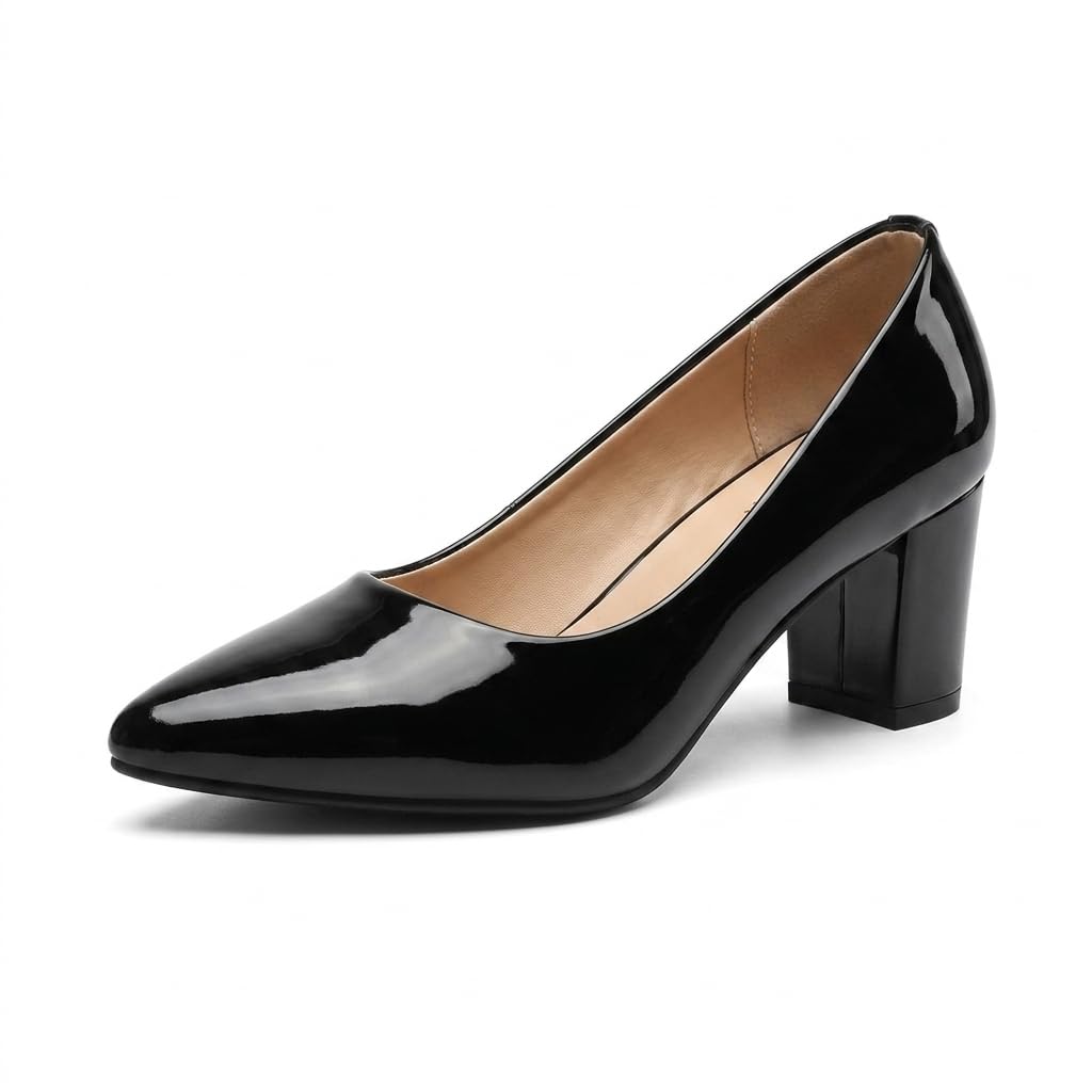 Women's Black Patent Leather Block Heel Pumps, Pointed Toe Slip-On Formal Office Party Dress Shoes BL005-image-16