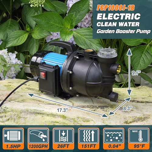 Image of FLUENTPOWER 1.5HP Portable Garden Booster Pump with Prefilter, 1200GPH, Lift 151FT, Shallow Well Jet Pump, Water Transfer Draining Pump for Home Garden Lawn Sprinkler Irrigation