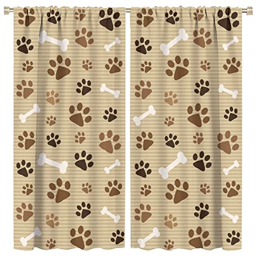 Cartoon Dog Curtains Coffee Color Dog Paw Prints Pattern Bone Rod Pocket Blackout Window Treatment for Kids Girls Bedroom Children's Room Kitchen Home Decor Art Printed Window Drapes 42x45in