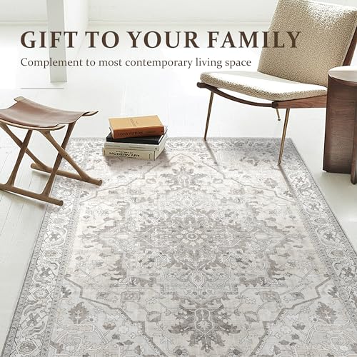 Deerly Washable Bedroom Area Rug 4x6 Indoor Thin Carpet for Living Room Boho Vintage Rug for Kitchen Entryway Dining Room Office Non-Slip Low Pile, Beige/Multi
