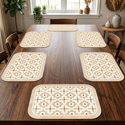 Image of Yelona Beige Faux Leather Dining Table Placemats - Set of 6 | Heat & Stain Resistant PU Table Mats | Easy to Clean & Durable | Perfect for Office, Conference Tables & Home Decor (Lotus Casa)