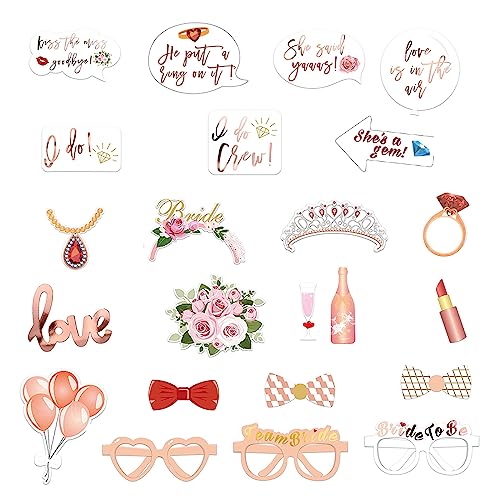 Image of Wedding Photo Booth Props 23 Pcs Rose Gold for Bachelorette Party | Pre-Assembled & Ready, Thick Glossy Cardboard, Rose Gold Pink Glitter, for Bridal Shower Hen Party, Funny Selfie Signs