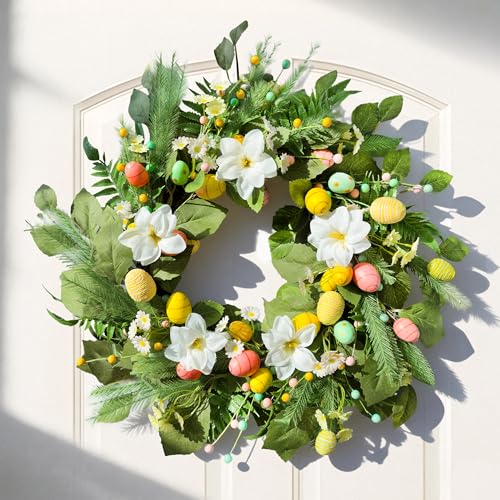24" Easter Wreaths for Front Door, Summer Decor with Eggs