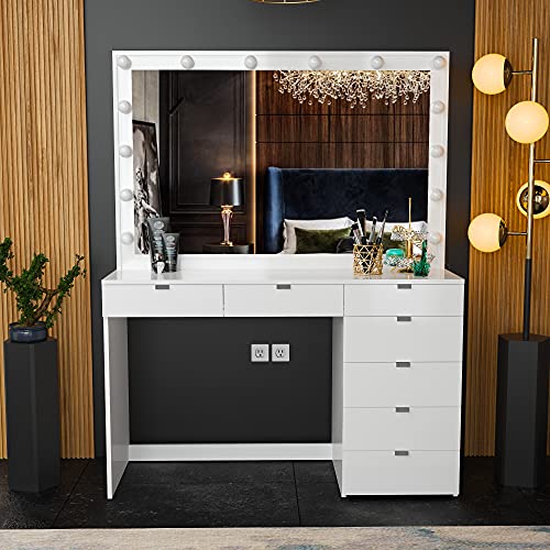 Boahaus Serena Modern Makeup Vanity with Hollywood Light Bulbs AddOn
