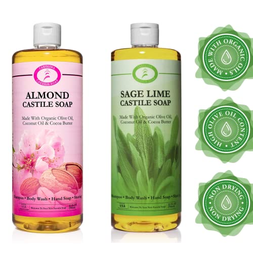 Sage Lime and Almond Castile Soap Liquid Bundle - 32 oz - Carolina Castile Soap - Vegan & Pure Organic Concentrated Non Drying All Natural Formula Body Wash & Shampoo