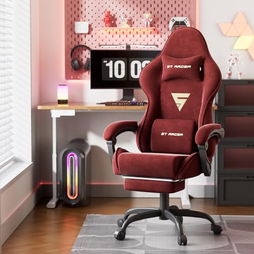 Image of Gaming Chair Racing for Adult, Office Chair with Footrest Massage Lumbar Cushion, Velvet Fabric Reclining Video Game Chairs, Ergonomic Computer Chairs Height Adjustable, for Home Streaming, Red