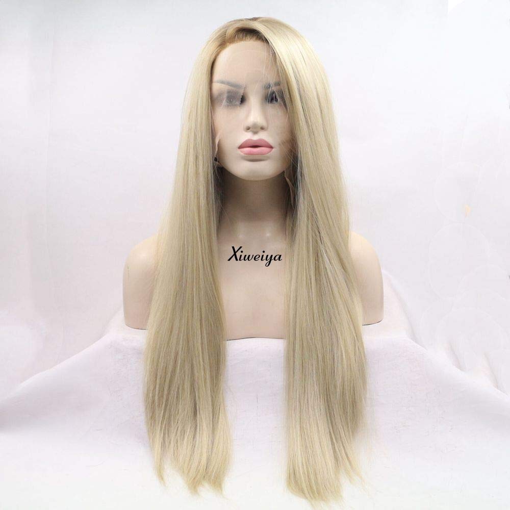 Xiweiya Blonde Wigs For Women Long Hair Ombre Brown Blonde Lace Front Wigs Silky Straight Synthetic Wigs Side Part Heat Resistant Full Wigs Natural Hairline 24 inches