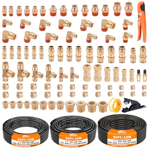 CheeMuii 100 PCS Brass DOT Air Line Fittings with 3 Roll 50FT 1/4 3/8 1/2 DOT Air Lines Kit Push Lock Air Fitting Quick Connect Air Fittings with Air Hose Pneumatic Tubing