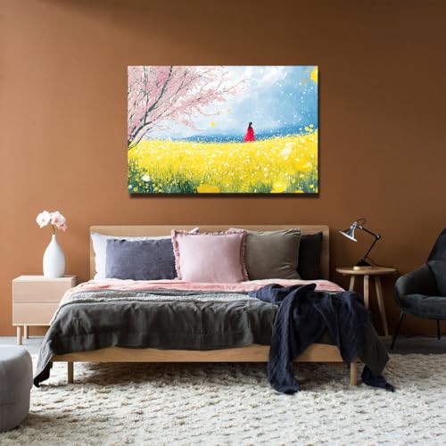 Art mural paysage printanier et fleurs de cerisier sur toile murale encadrée UIRINGART 40x60cm