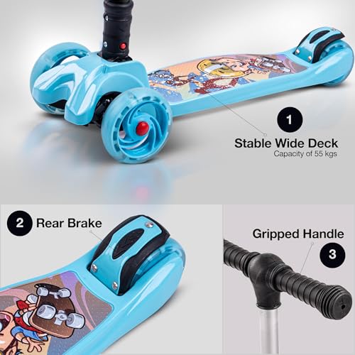 Image of Baybee Flash Kick Scooter for Kids | Smart Foldable 3 Wheel Kids Scooter with 4 Height Adjustable, LED PU Wheels & Brake | Skating Scooters Upto 75 Kg Capacity | Skate Scooters for Kid (Light Blue)