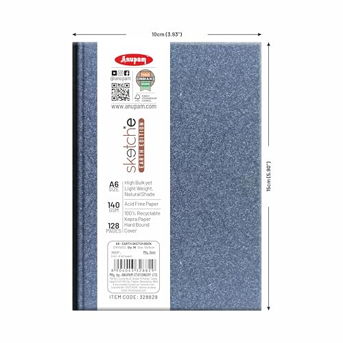 Image of Anupam Earth Sketche Drawing Book A6 | 100% Recycled Hardbound Cove Book | 140 GSM | Acid Free 65 Sheets / 128 Pages | Drawing Sketchbook for Artists and Students | for Dry Techniques