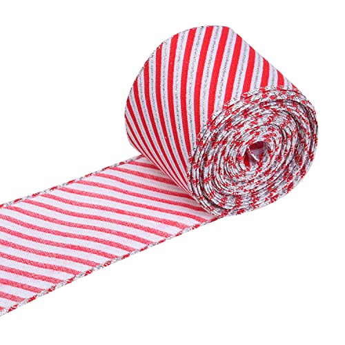 Euvoym - Cinta de Navidad con alambre de 6 m, cinta de rayas rojas y blancas, cinta a cuadros para Navidad, Acción de Gracias, manualidades, boda, lazos florales, 6,3 cm de ancho Cover