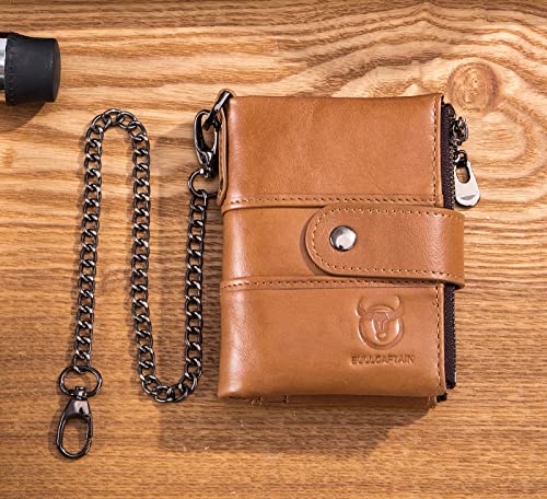 BULLCAPTAIN Genuine Leather Men Wallet with Anti-Theft Chain Large Capacity Double Zipper RFID Coin Purse with 2 ID Window (Yellow brown)2