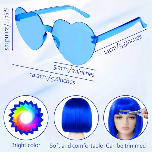 Image of MEEZY Royal Blue Short Bob Wigs Straight Hair with Flat Bangs Heart Sunglasses for Women, Colorful Funny Cosplay Party Neon Wig Synthetic Natural As Real Carnival Halloween Costume Party Favors