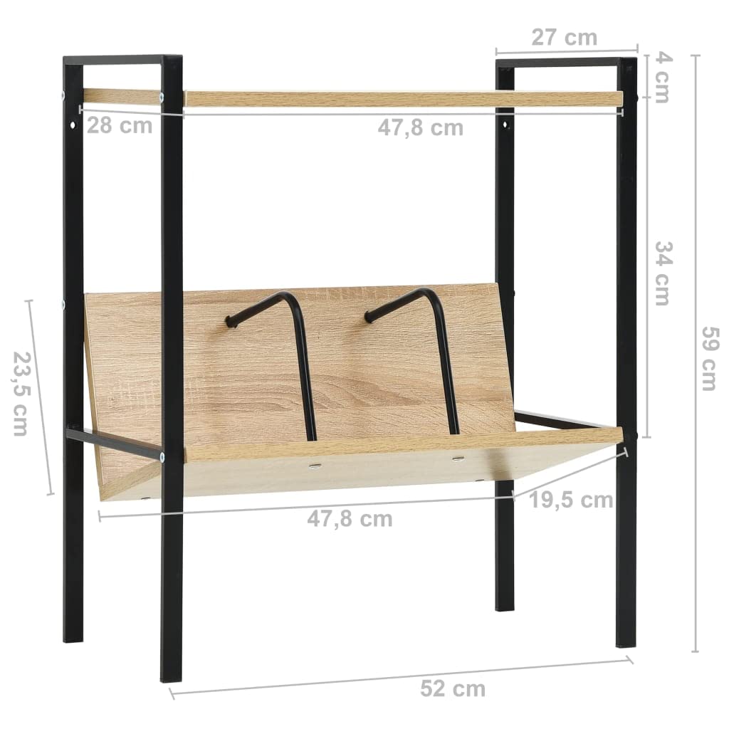 Bibliothèque 2 Niveaux Noir chêne 52 x 28 x 59 cm en Bois d ingénierie et Acier, rayonnage pour Livres CD DVD, étagère sur Pied compacte