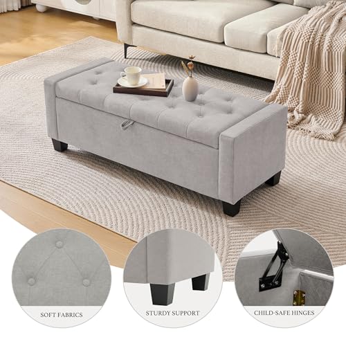 Image of Huatean Home 43 inch Ottoman with Storage, Storage Ottoman Bench with Safety Hinge, Upholstered Entryway Bench with Seating for Bedroom, Living Room, Holds up to 330 lb(Light Gray)