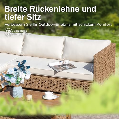 PHI VILLA Gartenmöbel Set Balkonmöbel 3 Teilig, Rattan Lounge Möbel Outdoor mit 1 Chaiselongue, 1 Zweisitzer-Sofa und 1 Kleiner Couchtisch, 4 Personen Terassenmöbel Außen Gartensofa