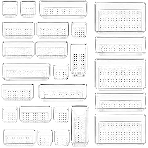 FOME Drawer Organizer Set, 25PCS Clear Plastic Desk Drawer Organiser Dividers Trays 4 Different Sizes Large Capacity Bathroom Drawer Organizer for Makeup, Jewelries, Kitchen Utensils and Office Cover