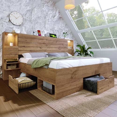 KOMHTOM Lit Double en Bois avec Spots LED et Port USB Type-C, Cadre de Lit Plateforme avec 2 Tables de Chevet et 3 Tiroirs, Espace de Rangement(sans Matelas)...