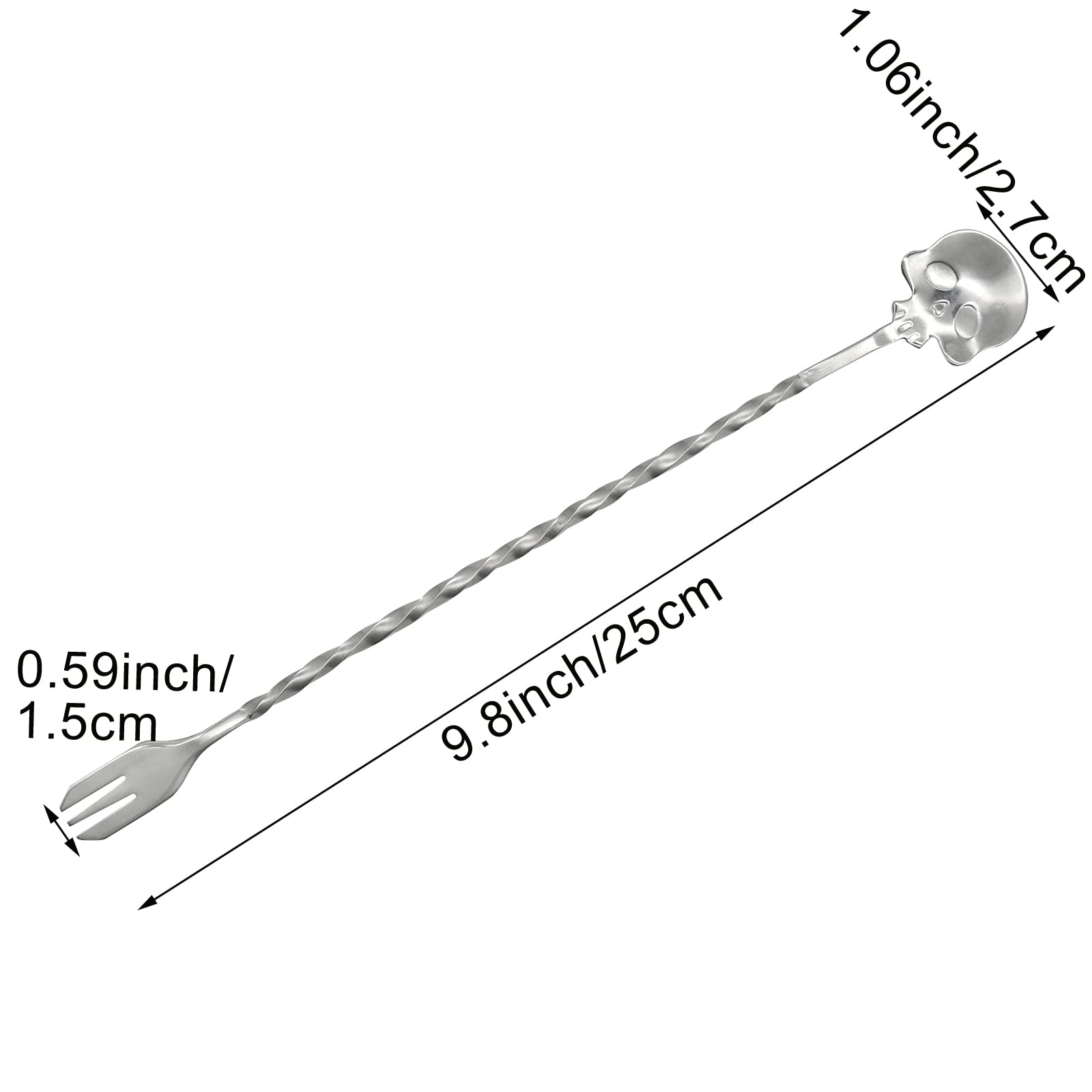 2 cucharas de barra de calavera y tenedor con patrón espirial, mango largo de 9.8 pulgadas, cuchara coctelera de acero inoxidable 18/10 para coctelera para camarero de Halloween 3