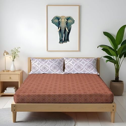 Image of Arvind Bedsheet Set - 100% Cotton Bedsheet for Double Bed (1 King Size Bedsheet with 2 Pillow Covers) Soft Breathable, 144 Thread Count - Slumber -Shade 20(21022-A) | Natural