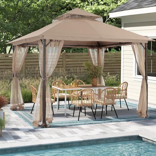 Image of MASTERCANOPY 11x11 ft Stable Patio Gazebo with Netting Walls, Khaki