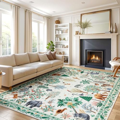 Truqual 5x7 Rug Clearance Nursery Jungle Animal Print Rug for Kid Boy Playroom Area Rug for Living Room Non Slip Rug Carpet for Bedroom,Farmhouse, Dining Room, Beige