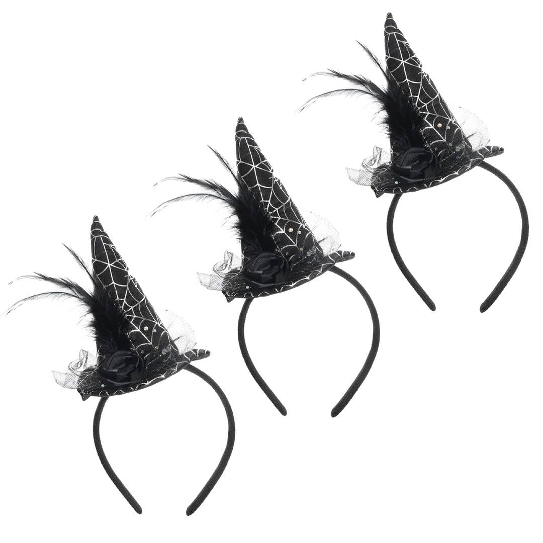Mini Witches Hat Headband - Pack Of 3 - Black Witch Hat with Feathers, Rose, Netting & Silver Spider Web Design - Perfect Halloween Fancy Dress Accessory for Women