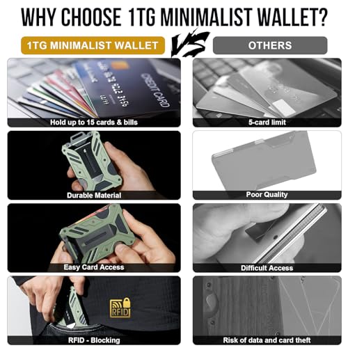 Image of 1T Tactical Minimalist Slim Wallet with Moeny Clip, Front Pocket RFID Blocking Wallet Cash Holder, Versatile Credit Card Orgainzer, ID Card Badge Holder for Men, Green, One size, Metal Mini Wallet