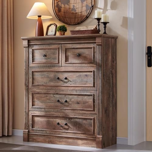 Image of Farmhouse 5 Drawers Dresser for Bedroom, 46 inch Tall Dressers & Chests of Drawers w /Roman Column, Large Storage Dressers Organizer for Bedroom, Hallway, Living Room, Light Brown