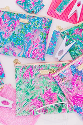 Image of Lilly Pulitzer Water Resistant Vinyl Beach Day Pouch, Zipper Bag Includes Drink Hugger, Small Pouch, and Towel Clips, Best Fishes, One Size, Beachy