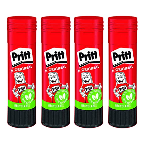 Pegamento en barra Pritt, pegamento seguro y adecuado para niños para manualidades, fuerte adhesivo para uso escolar y de oficina, 4 pegamentos en barra Pritt de 22 g
