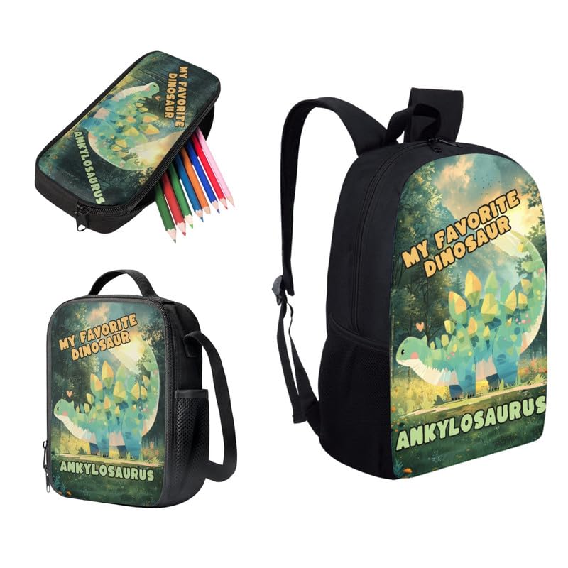Ankylosaurus Forest Sunrise Backpack for Boys with Cute Dinosaur Hand Drawing Lunch Box Set Elementary Kids Bookbag with Lunch Bag/Rucksack Primary School Kids Pencil Box