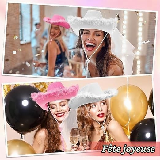 MALLOOM 12 Chapeau de cowgirl rose - Chapeau de cowboy rose pour femmes et adolescentes, chapeau de cowgirl amusant, cowgirl (Fil rose, blanc et argenté)