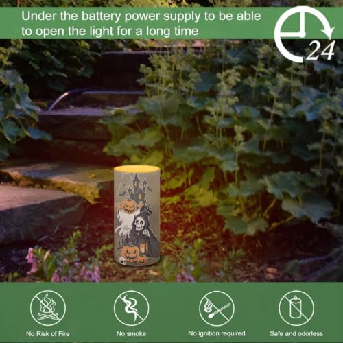 Image of Poceacles Flickering Flameless LED Battery Candles Pillar Candles Tealight with 18-Key Timer Remote for Halloween Indoor Outdoor Home Decor, Skull Pumpkin Ghost Bat Print Brown