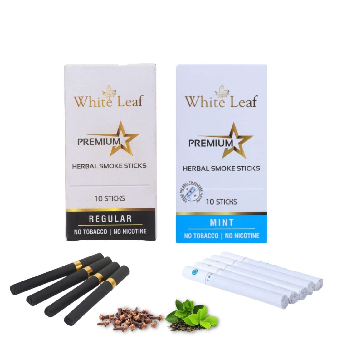 white leaf premium herbal smokes cigarettes - tobacco and nicotine free combo pack of mint, regular flavour smoke (20 sticks)