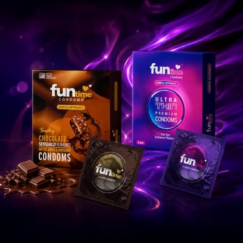 Image of Funtime Ultimate Pleasure Condoms Combo Pack of 2 (3 Pieces Each) | Ultra Thin & Chocolate Flavour | Ribbed, Dotted & Contoured | Premium Natural Latex | Electronically Tested