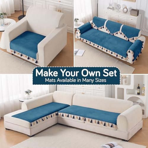 Image of HOKIPO Sofa Cover Mat with Tassel for 1 /2 /3 Seater & L Shape Sofa | DIY Sofa Cover Set | Dyed Holland Velvet | 'TasselTone Series' 70(W) x 90(L) cm |Sea Blue (IN-1105-BL)