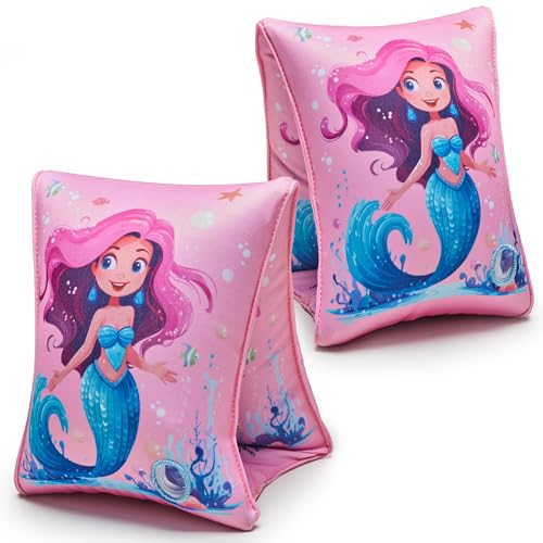 Arm Floaties for Kids 2 Pack Inflatable Pool Floaties Soft Fabric-Covered Arm Bands for Toddlers 3-5-6-12 Years Swimming Floater Sleeves for Children Pink
