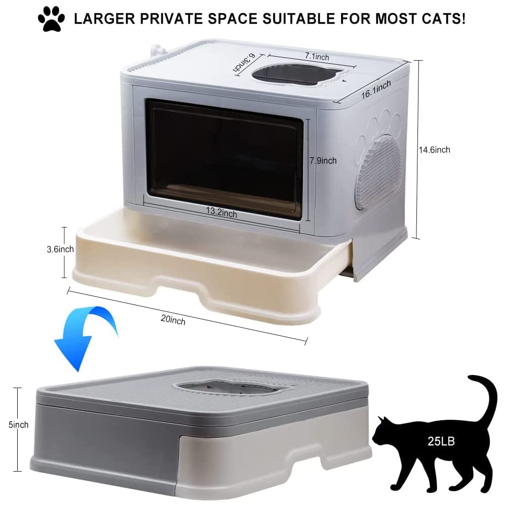 Bac à Litière pour Chat,Grande Maison de Toilette Chat Pliable avec Couvercle,Bac de Tiroir et Pelle à Litière,Portable,WC pour Chats avec Couvercle (48.5 * 36.5 * 38cm PP-Gris)