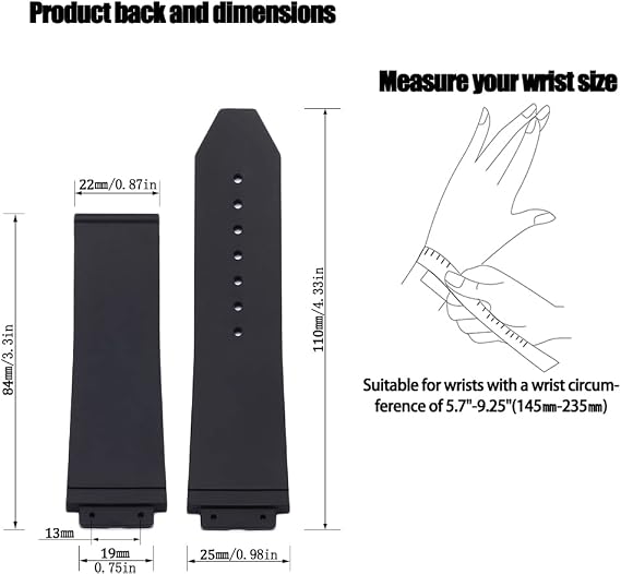 25mm x 19mm Replacement Rubber Strap Compatible with Hublot Big Bang Silicone Watch Band Sports waterproof Linear texture bracelet