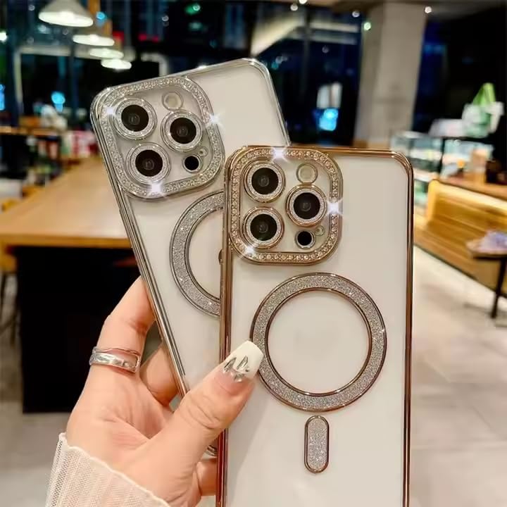 Image of DIZORO Compatible with (iPhone 16 Pro Max Case) Clear Luxury Diamond Glitter Case |Camera Lens Protector with Glitter Ring | Premium Shockproof Glossy Shiny Back Cover Case for Girls Women -Gold
